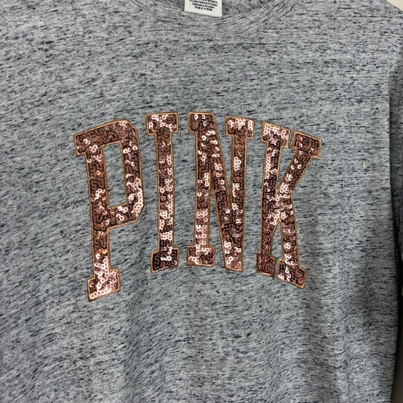 PINK Sequin Spellout Bling Tee Heathered Gray Size XS - Picture 2 of 6